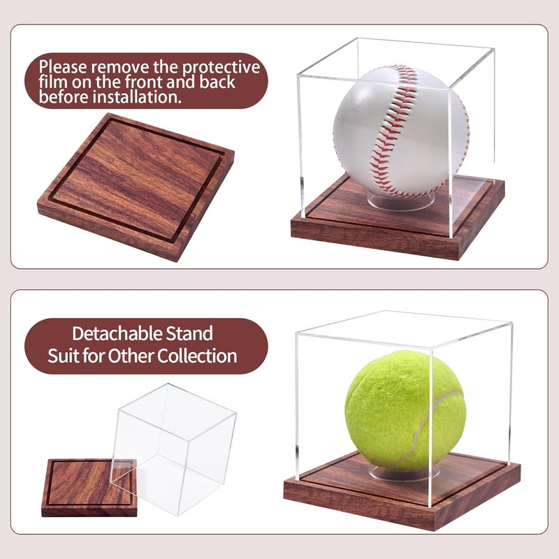 LiTY 2 Pack Baseball Display Case, No Assembly Required Clear Cube Tennis Ball Holder with Solid Wooden Base, Autograph Baseball Stand Box for Single Ball - Image 3